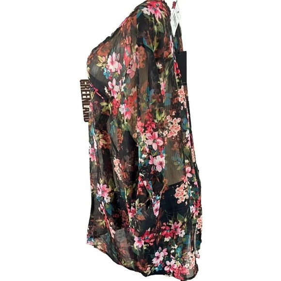 Kut From the Kloth Plus 2X Sheer Black Floral Button Roll-Tab Long Sleeve Blouse - Picture 3 of 6